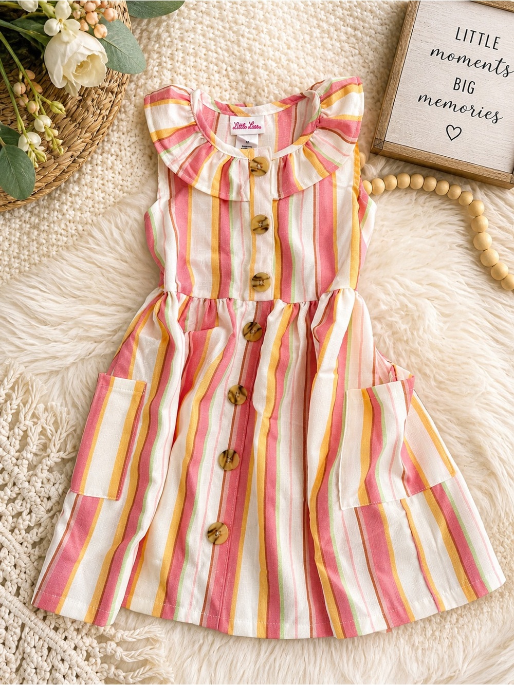 Little Lass Pink, Yellow & White Striped Ruffle Collar Dress